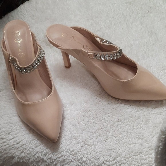 Jessica Carlyle Nude Heels with Rhinestone Strap - Picture 1 of 10